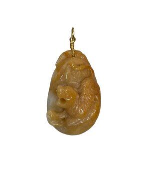 Vintage Hand Carved Yellow Jade Lion Tiger Pendant 18K Gold Bail 1.5" Statement
